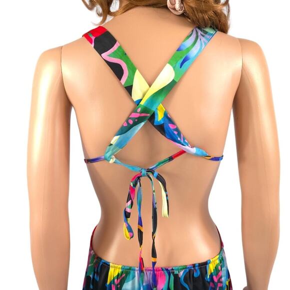 For Love & Lemons Midi Dress Silk Blend Floral Cut Out Colorful Retro Tropical - Picture 7 of 14